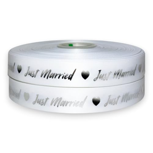 White & Silver Just Married 2m x 22mm Ribbon for Cake Gift Wrap Bows Toppers Wrapping Bags Box Balloon Cards Craft Personalised Wedding Anniversary