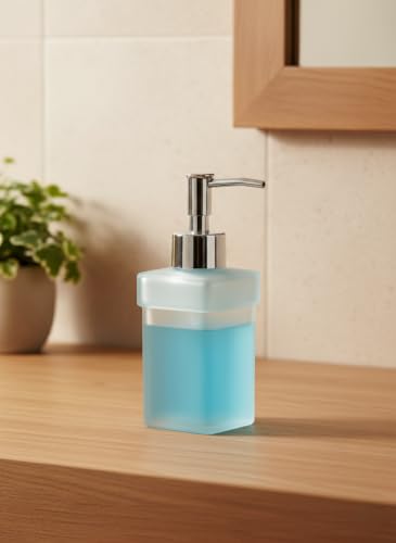 Image of Luxury Frosted Glass Soap Dispenser with Chrome Pump | Square Modern Design | Refillable Hand Lotion & Liquid Soap for Bathroom & Kitchen Countertop (SQ NBottle)