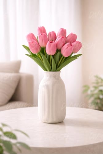 Image of Divyakosh Artificial Pink Tulip Flower with 5 Tulips (Vase not Included) - Realistic Decorative Flowers for Home Decor,Living Room, Bedroom, Office, Wedding Decoration, Table Centerpiece & Gifting |
