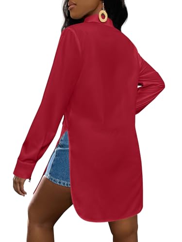 Image of LYANER Women's Collar Neck Long Sleeve Button Down Shirts Sexy Split Hem Tops Long Blouse Shirt Dress