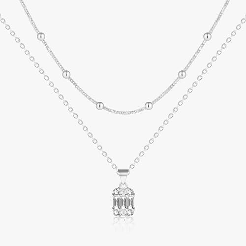 Poxtex Gold Diamond Necklaces for Women Simple Dainty Layered 925 Sterling Choker Chain Double Pendant Necklace Stack Trendy Prom CZ Jewelry Set Gifts for Women