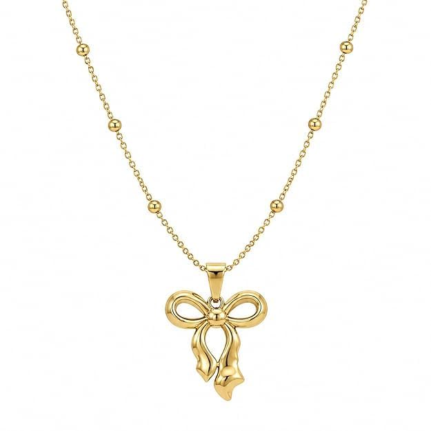 Gold Plated Bow Pendant Necklace for Women | Coquette Bow Pendant with Beaded Ball Snake Chain | Trendy Minimalist Pendant for Girls | Aesthetic Cute Jewellery Gift-image-19