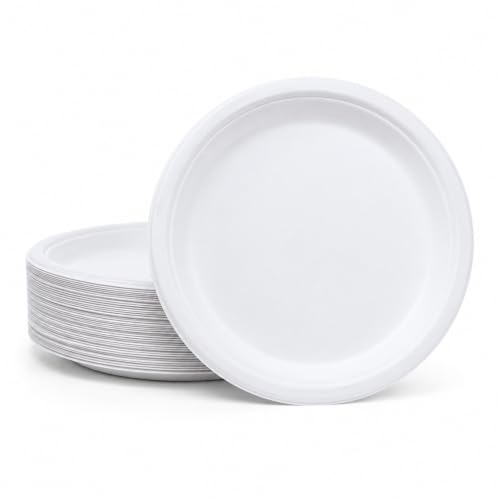 Image of Bonkaso 6 Inch, Pack of 50 Bagasse Disposable Round Plates (White)| Eco-Friendly Sugarcane Paper Plates | Biodegradable, Compostable & Sturdy | Ideal for Snacks, Desserts, Parties, Weddings & Events