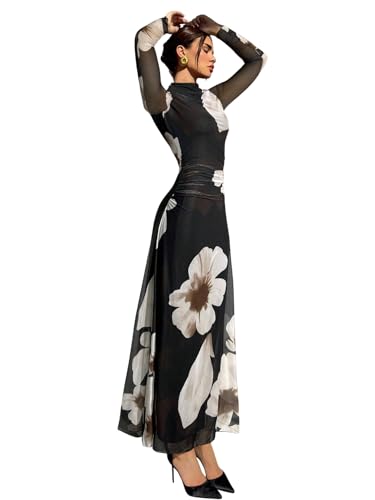 Image of Verdusa Women's Floral Wedding Guest Dress Long Sleeve Mesh Slimming Cocktail Vacation Maxi Dresses