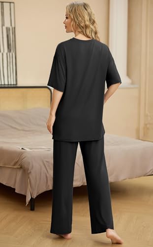 Image of PrinStory Womens Pajamas Sets 2 Piece Lounge Set Short Sleeve Tops and Long Pants Soft Pjs Loungewear with Pockets