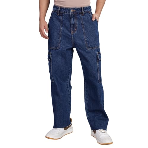 Image of INKD Men's Cargo Baggy Jeans - Mid-Rise | 100% Cotton | Contrast Stitch| 6 Pocket Styling | Baggy Jeans for Man | Loose fit & Comfortable (Available in Plus Sizes)