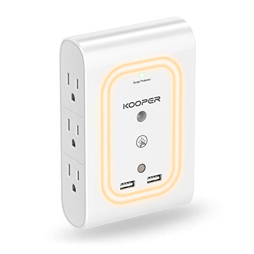 6 Outlet Surge Protector with 2 USB, KOOPER Outlet Extender with Smart Night Light Multi Outlet Plug, 1080 Joules, Wall-Mounted Plug Extender for Home School Office Travel, Warm White Light