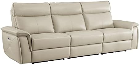 Pemberly Row Sofá reclinable doble de cuero de 110 pulgadas con reposacabezas en color beige
