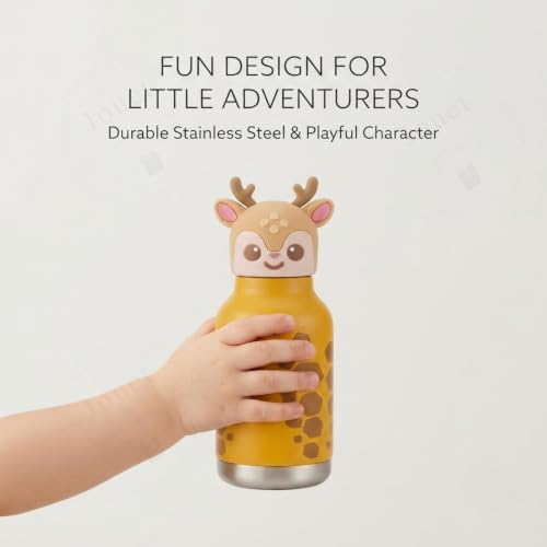 Image of JOUET Kids Stainless Steel Water Bottle 280ml with Cute Giraffe Character Lid, Yellow Leakproof Drinking Bottle for School, Travel & Daily Use