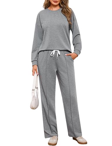 Terecey Tuta Donna Invernale da Casa e Palestra Set Felpato Completo con Girocollo Vestibilità Relax e Colori Contrasto alla Moda Grigio XXL