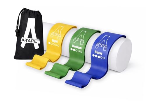 Image of A-Tape Resistance Loop Bands Set for Men & Women | Premium Natural Rubber Heavy Duty Workout Bands for Legs, Glutes, Squats, Stretching, Fitness & Physiotherapy (Yellow,Green,Blue) (Pack-3)