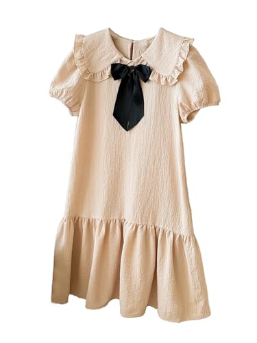 Verdusa Girl's Cute Bow Puff Sleeve Dress Birthday Ruffle Doll Collar Midi Dresses4