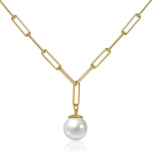 Single Pearl Necklace for Women - 925 Sterling Silver Freshwater Pearl Pendant with 14K Gold Plated Paperclip Chain, Elegant Jewelry Gift for Her