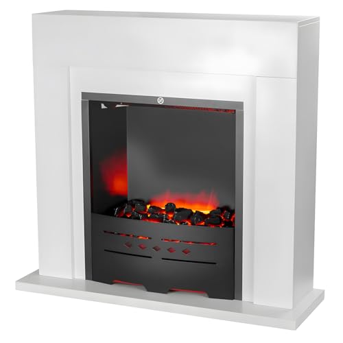 Camino Elettrico Denver 1500W - Caminetto Elettrico con Mobile in Legno Bianco, Effetto Fiamma Regolabile con 2 potenze - Termocamino Decorativo, Caminetto Finto da Terra 77x72,5 cm