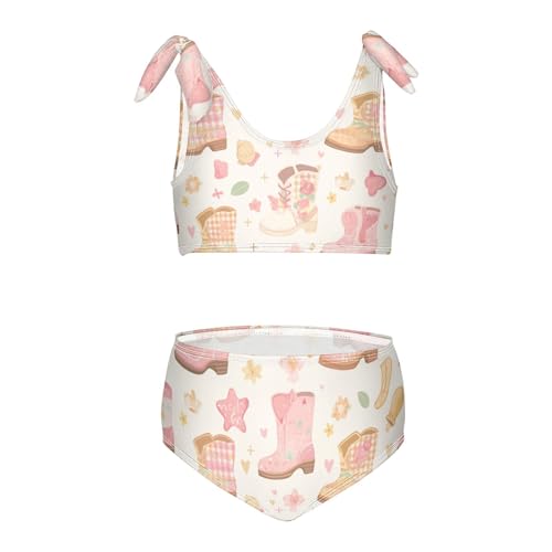 Western Boots Design Boho Scotland Girl Two Piece Kids Bikini Set Beach Swimsuit Swimwear Cute Shoulder Strap