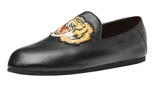 Santimon Men's Slip-On Leather Loafers with Tiger Embroidery – Foldable Dress Casual Summer Shoes with Travel Case, Waterproof Lightweight Flats