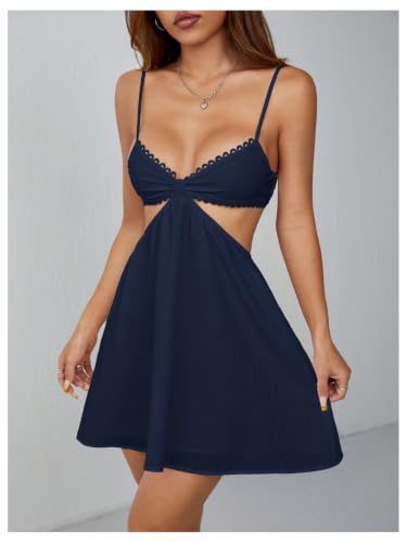 Image of OYOANGLE Women's Cut Out Smocked Sundress Backless Ruffle A Line Cami Dress Flowy Mini Dress