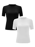 Verdusa Women's 2 Pack Casual Basic Mock Neck Short Sleeve Rib Knit Work Tops Black and White L