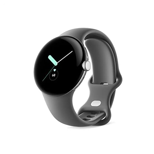 Google Pixel Watch – Montre connectée Android avec suivi et analyse des activités – Boîtier en acier inoxydable Argent Poli avec bracelet sport couleur Charbon, LTE