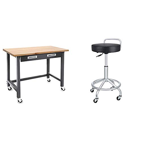 Seville Classics UltraGraphite Wood Top Workbench on Wheels with Sliding Organizer Drawer Table, 48