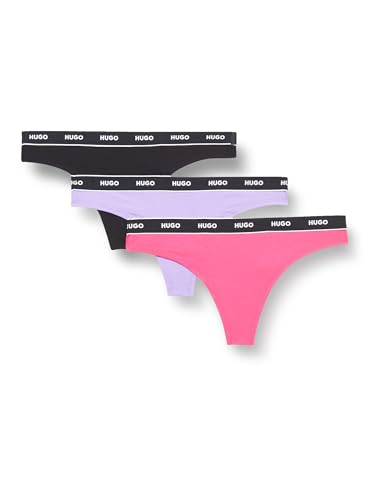 Image of HUGO Women's 3-pack Repeat Logo Cotton Stretch Thongs, Watermelon Pink/Purple Basil/Black, XS