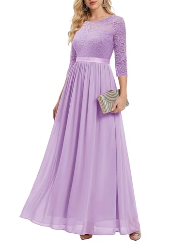 BeryLove Women Long Sleeve Formal Party Dress Lace Wedding Guest Maxi Dresses Elegant Cocktail Evening Gowns 7049 Lavender L
