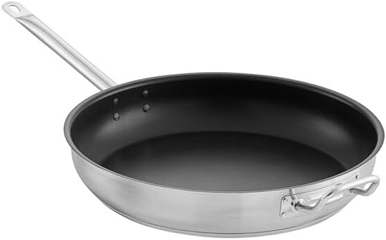 Sartén antiadherente de acero inoxidable de 16 pulgadas, color plateado, parte inferior recubierta de aluminio, listado NSF, mango auxiliar, listo