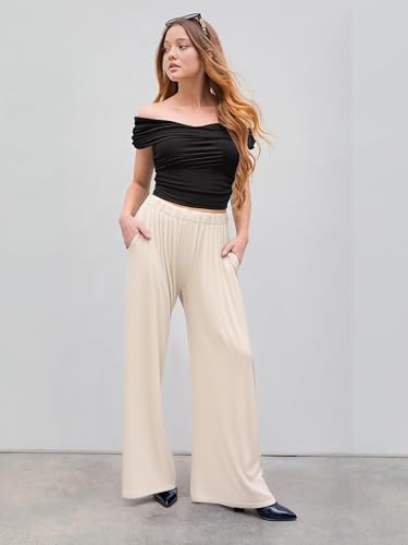 Image of CIDER Palazzo Pants for Women Wide Leg Flowy Pants with Pockets Elastic Mid Waist Summer Beach Vacation Outfits Lightweight