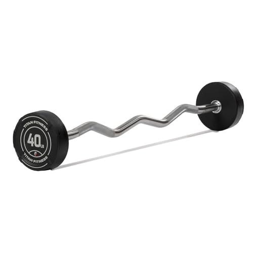 Titan Fitness 40 LB Rubber EZ Curl Fixed Barbell, Pre-Loaded Weight Bar for Strength Training & Weightlifting