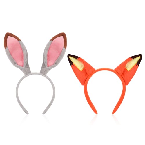 MWOOT 2 diadema com orelhas coelho e raposa, lindo diadema orelhas animal peluche para mulheres e homens, acessórios para fantasias carnaval para casais