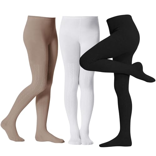 Image of Zando 3Pack Girls Tights Kids Cable Knit Cotton Winter Warm Leggings 4-12T | Footed Seamless Stockings for Girls, School Uniform and Daily Skirt Wear. Thick Warm Fabric with High Stretch