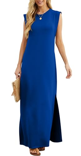 GRECERELLE Summer Maxi Dress Wedding Guest Maternity Party Casual Shirt Elegant Sleeveless Dresses for Ladies with Split and Pockets (Royal Blue,L)