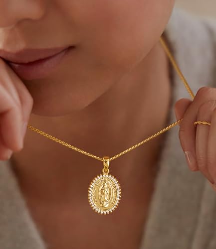 Virgin Mary Necklace Gold Plated Paperclip Chain Christian Jewelry Rhinestone Miraculous Medal Pendant Gold Necklaces for Women Mothers Day3