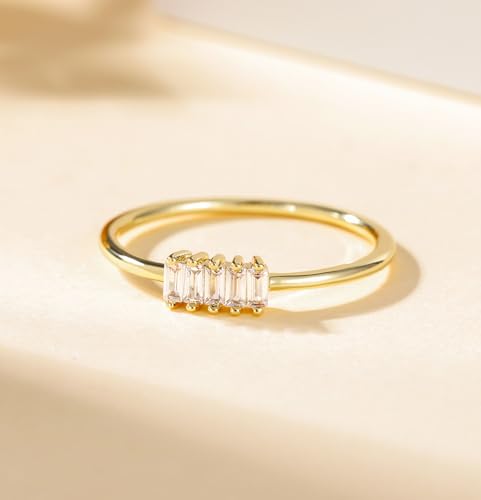 TIGRADE 1.5mm Eternity Ring 14k Gold Plated Stacking Ring Baguette Cubic Zirconia Petite Wedding Band for Women Size 3-122