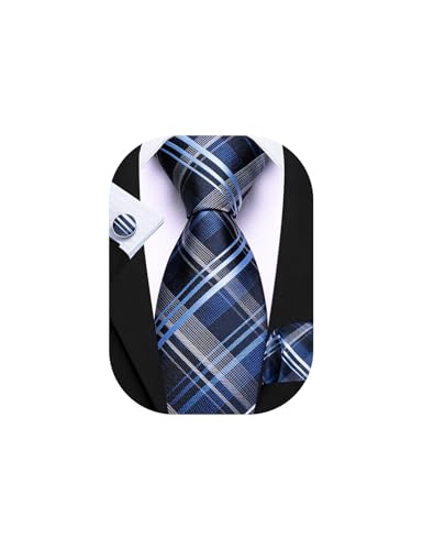 Image of Barry.Wang Mens Blue Tie Silk Tartan Necktie Pocket Square Cufflinks Set Wedding Business