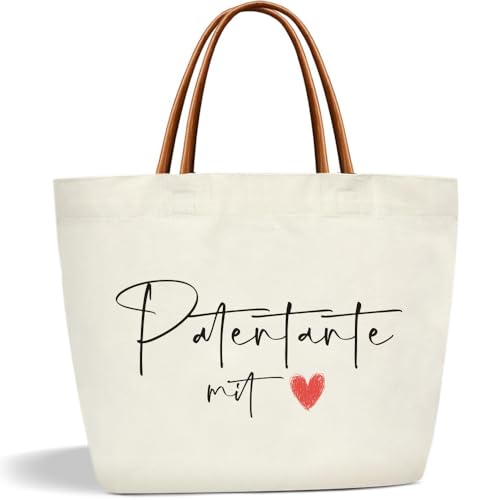 Patentante mit herz Geschenk Baumwolltasche Damen Einkaufstasche Tragtasche Beste Patentante Geschenk für Fragen Danke Patin Geburtstag Taufe Kommunion Konfirmation Weihnachten Frauentag Muttertag