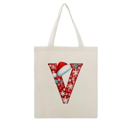 Letter V with Santa Hat Snowflakes Canvas Tote Bag for Women Initial Letter Reusable Shoulder Tote Bag Gifts for Women Mother