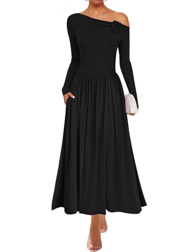 ZESICA Women's 2025 Fall Long Sleeve Off Shoulder Maxi Dress Pleated Elegant Formal Wedding Guest Dresses with Pockets