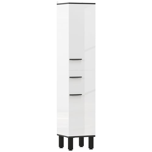 HOMCOM Columna de Baño Armario Alto de Baño con Cajón 2 Puertas y Estantes Ajustable Mueble Auxiliar de Baño Moderno Anti-vuelco 34x32x170 cm Blanco