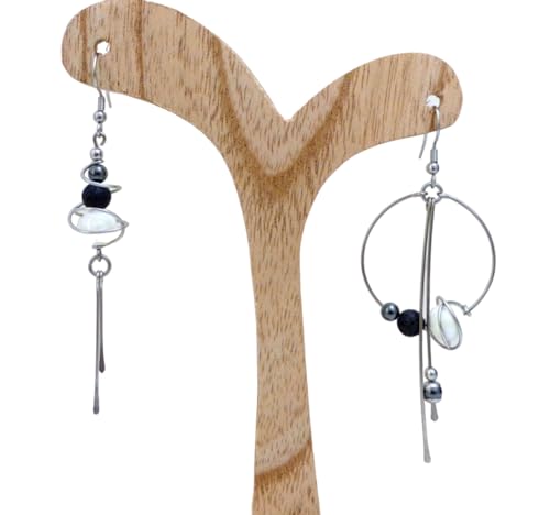 Expédié le lendemain de la commande. Boucles d'oreilles dépareillées asymétriques blanc noir gris céramique, hématite, lave et acier inoxydable