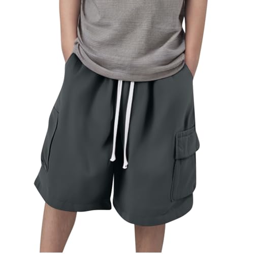 XINYUNZU Jungen Cargo Shorts Sommer Cargohose Kurz Baggy Elastische Taille Sport Shorts mit Tunnelzug Mode Sommerhose Kurz Freizeitshorts Outdoor Kurze Hosen für Kinder und Teenager Dunkelgrau 3XL
