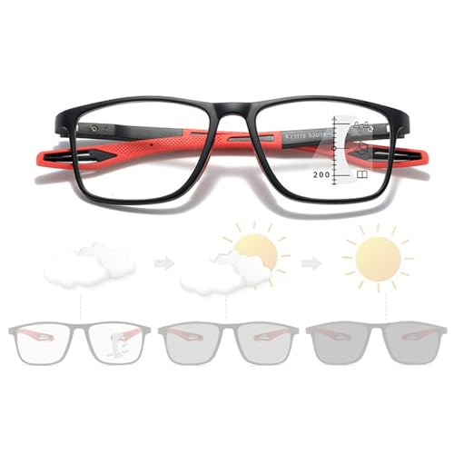 Genérico Gafas de Lectura fotocromáticas progresivas multifoco, Gafas de Lectura antiluz Azul, Gafas de Presbicia con protección UV para Hombres y Mujeres, para Leer al Aire(Black/Red,0.0 x)