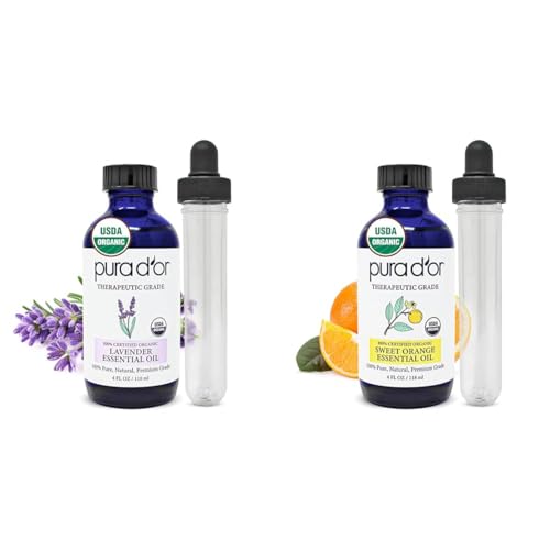 PURA D'OR Organic Lavender & Sweet Orange Essential Oils Bundle (4oz Each) for Aromatherapy, Relaxation, Massage