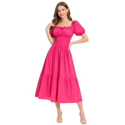 Image of BOOSTY Women's Puff Sleeve Smocked Midi Dress, Square Neck A-Line Dress