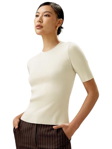 LilySilk 100% Silk Knit Sweater Women's Short Sleeve Crewneck Silk T Shirt Slim Fit Ladies Pullover Soft