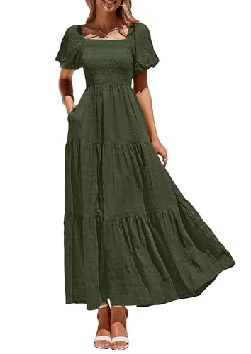 PRETTYGARDEN Womens Summer Puff Short Sleeve Maxi Dress Square Neck Smocked Tiered Ruffle A Line Long Flowy Beach Dresses (Army Green,Small)