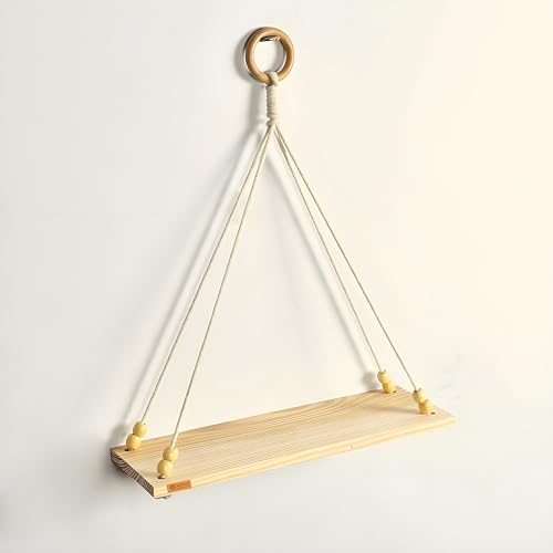Image of Hanging Shelf with Magic Hook, Use Decor Plants, Books, Decorative Gift Items Nursery Livingroom Wooden Beads & Ring Woven Bohemian Chic for Dorm