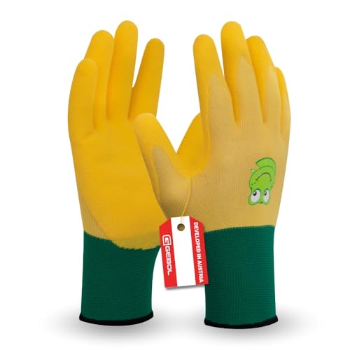 Gebol Froggy | Arbeitshandschuhe für Kinder von 4 – 6 Jahre | Gartenhandschuhe mit wasserabweisender Nitril-Beschichtung | Atmungsaktive Kinderhandschuhe in Größe XXS (Gr 5) | Gelb | 1 Paar