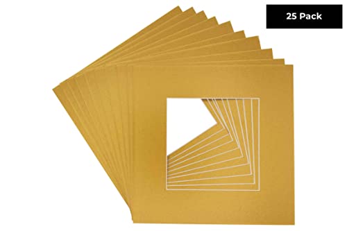Metallic Gold Acid Free 11x11 Square Picture Frame Mat with White Core Bevel Cut for 7x7 Pictures - Fits 11x11 Frame - Pack of 25 Matboard Show Kits With Acid Free Backings & Clear Bags
