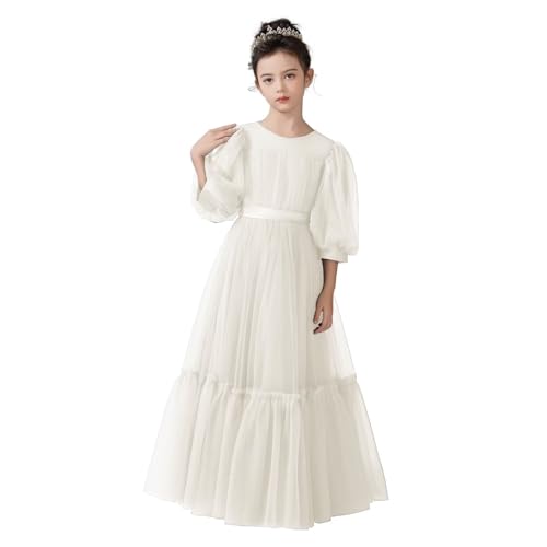 dideyttawl 3/4 Sleeves Puff Tulle All Lining Round Neck Long Flower Girl Dress for 4-16 Wedding Guest Dresses Ball Gown
